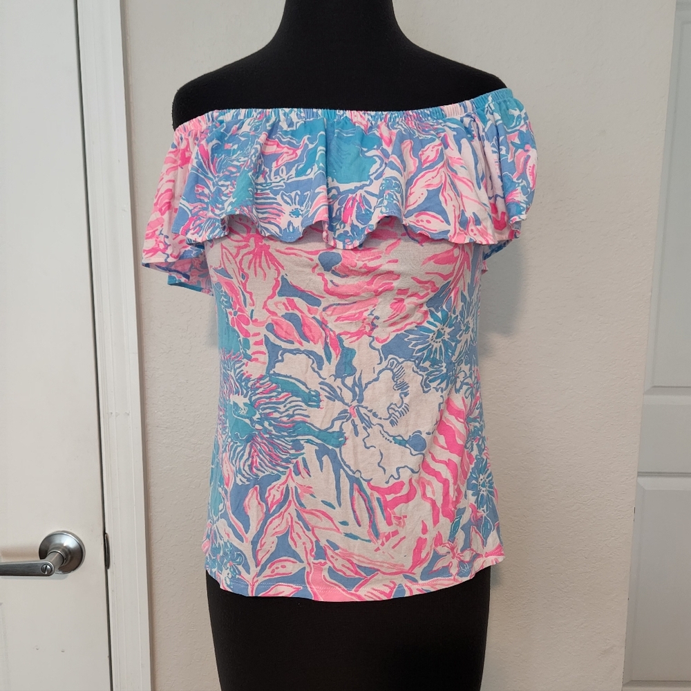 Lilly Pulitzer Off-Shoulder Ruffle Tank in Pink, Blue & Cream